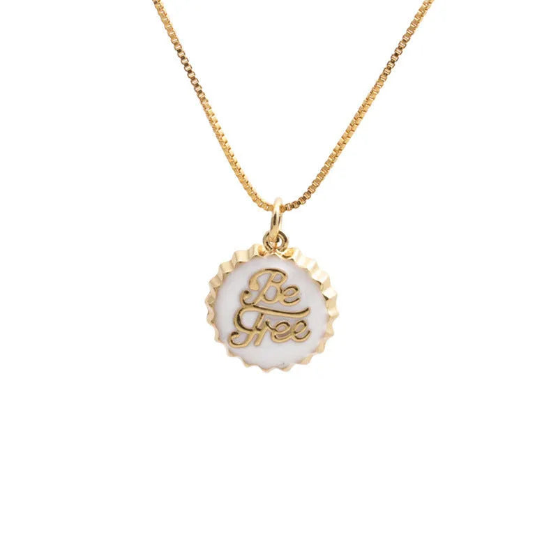Copper bottle cap pendant necklace with gold plating on a 40cm chain, shown in multiple colour options.