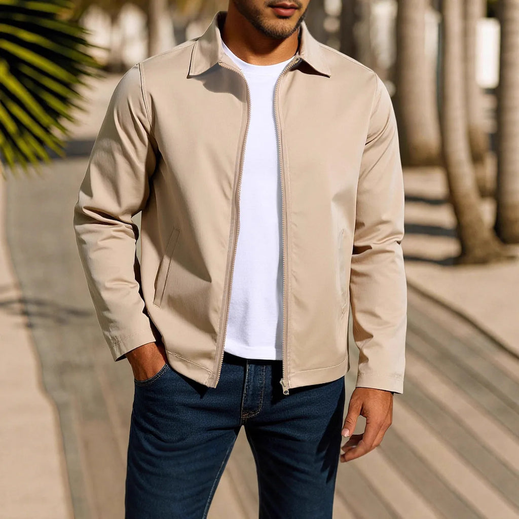 Men's green polyester blend cardigan jacket with front zipper and raglan long sleeves laid flat.
