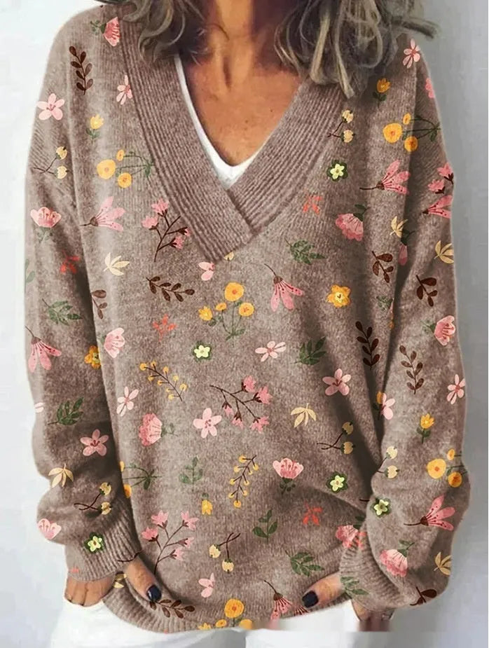 Women's long sleeve V-neck sweatshirt with a detailed 3D floral print in an art retro style.