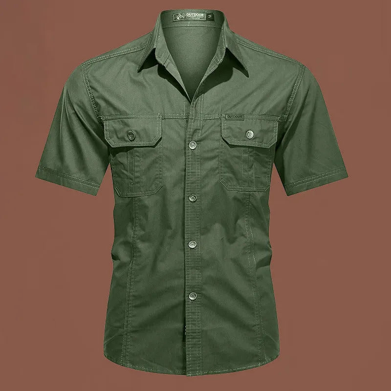Men's short sleeve cotton shirt in army green colour, showing loose fit and cardigan style on a hanger.