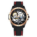 Rose golden skeleton men's watch showing visible automatic movement through open-worked dial design