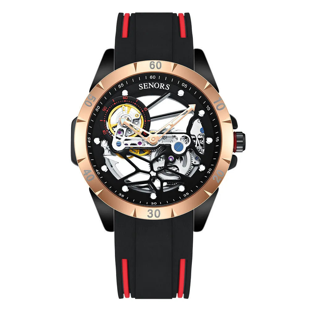 Rose golden skeleton men's watch showing visible automatic movement through open-worked dial design