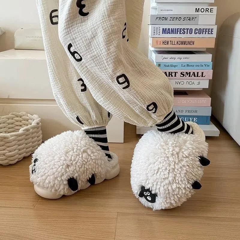 Women's cartoon sheepskin cotton slippers with wool lining and non-slip PVC outsole in black and white upgrade