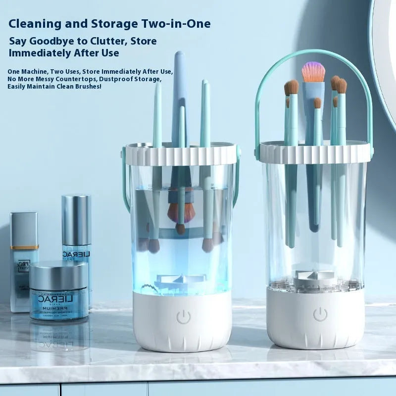 White rechargeable electric makeup brush cleaner with rotating head and USB cable
