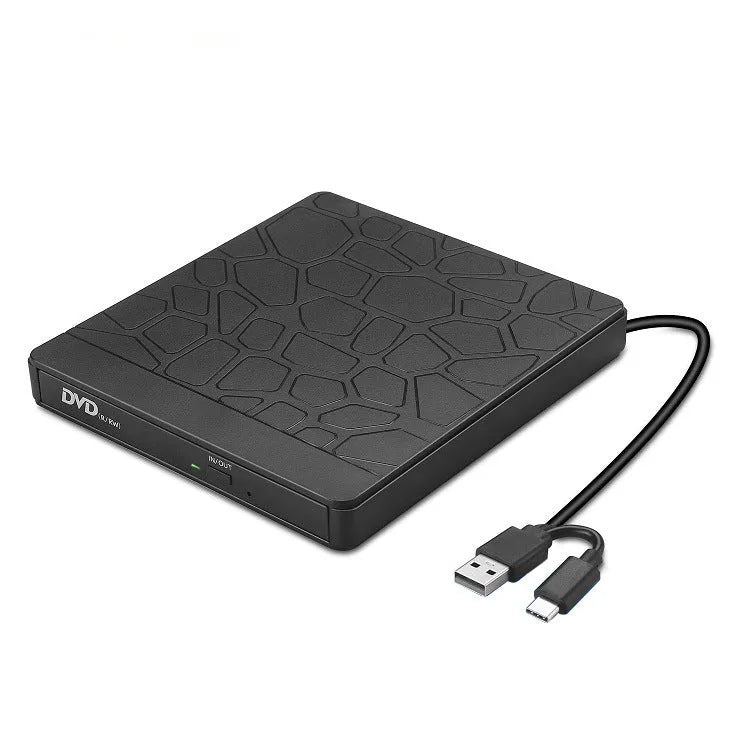 Black portable external optical drive with dual interface connections for laptop computers