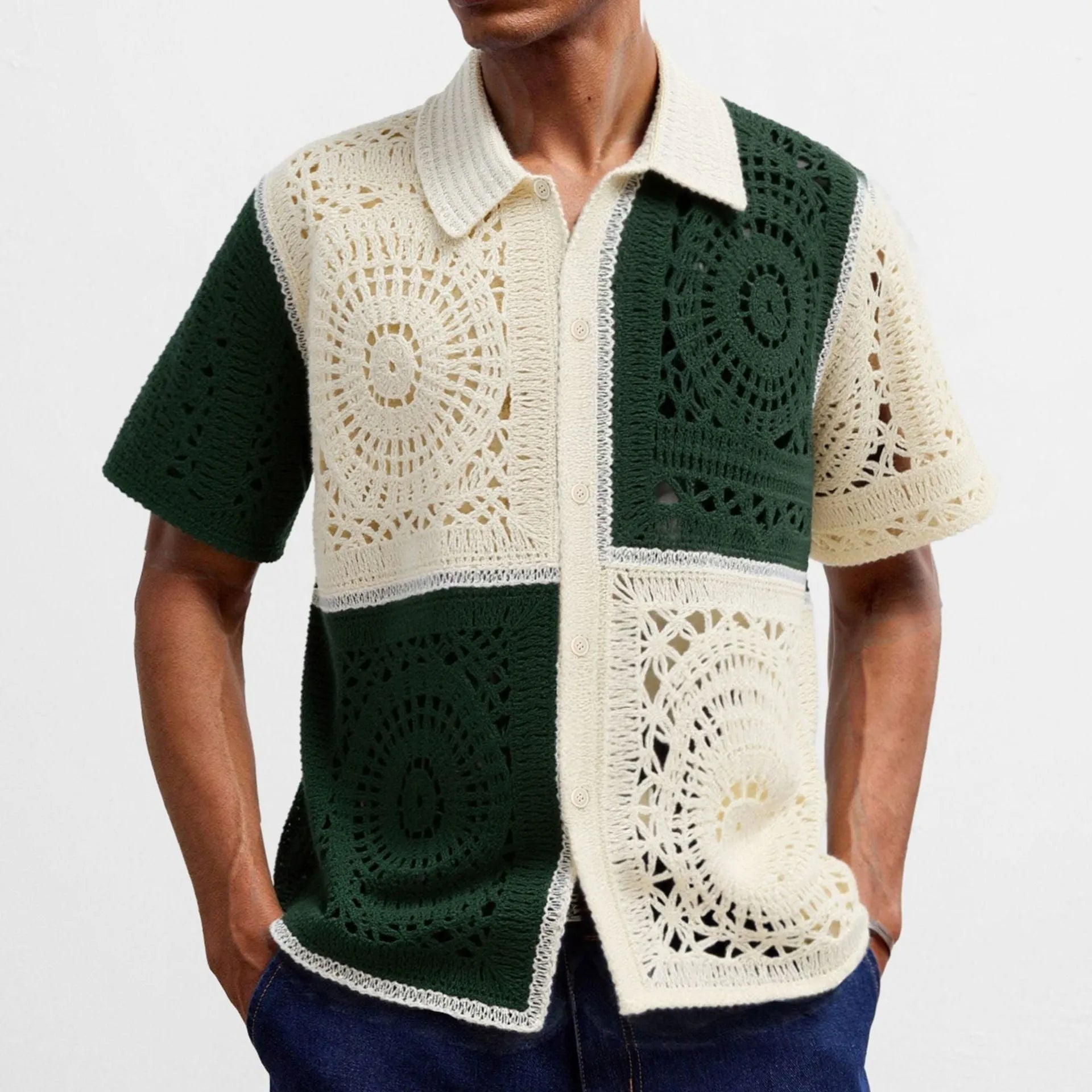 Men's beige colourblock knit shirt with short sleeves and flocking detailing