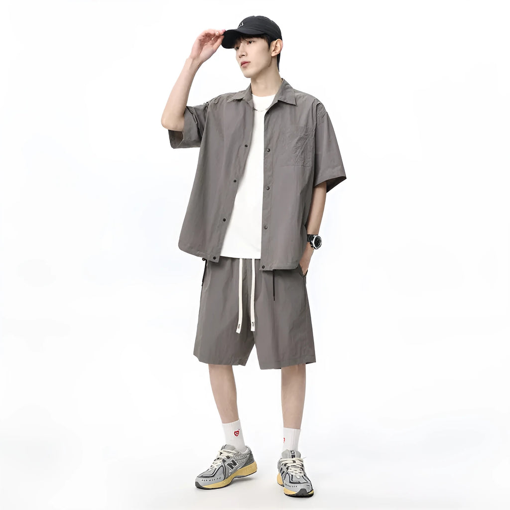 Men's loose-fitting casual shirt and shorts two-piece set in a hemp blend fabric