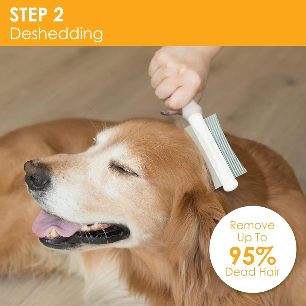White double-sided dog and cat deshedding brush with curved comb and ergonomic handle