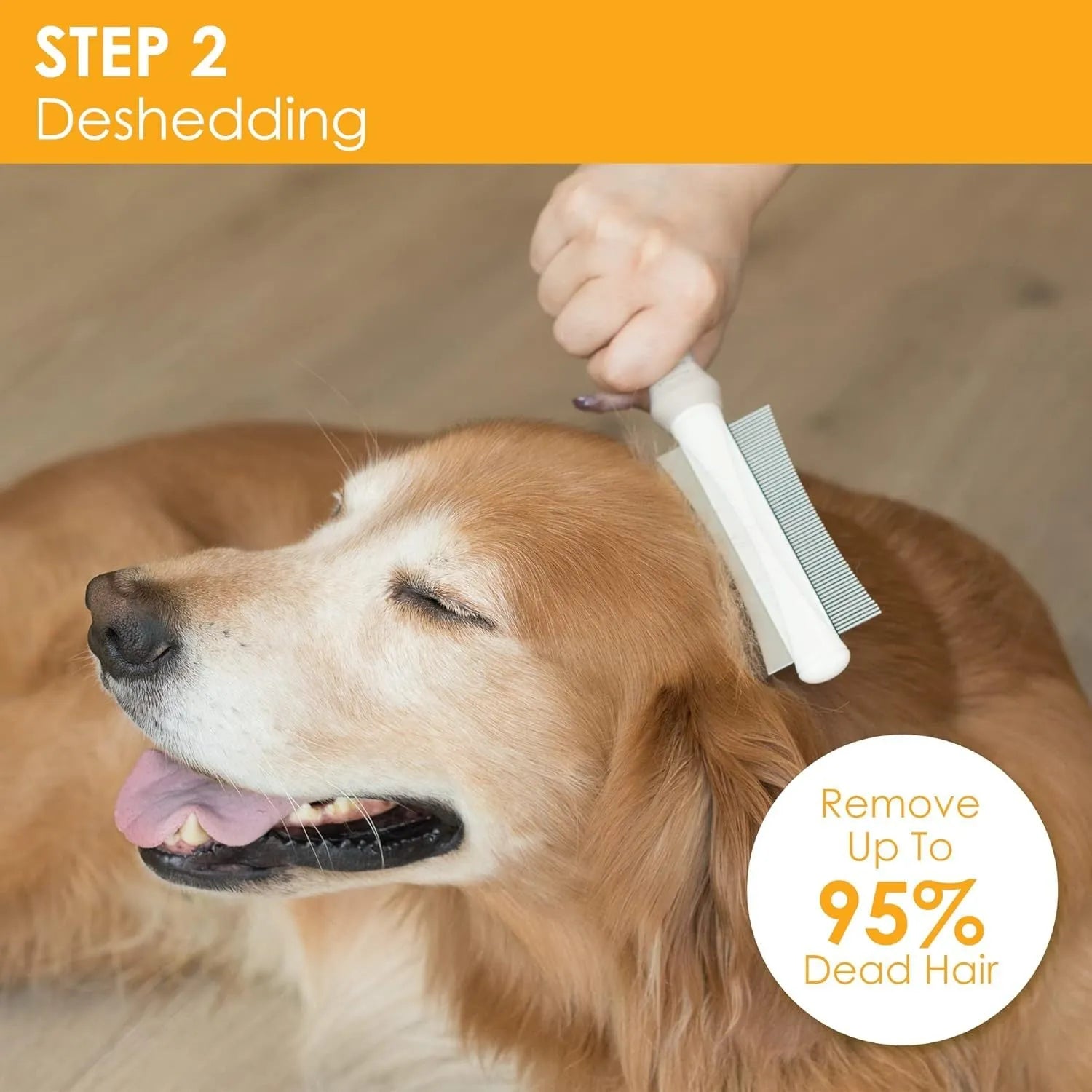 White double-sided dog and cat deshedding brush with curved comb and ergonomic handle