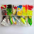 142-piece fishing lure suit showing hard plastic mino baits, metal spoons, sequins, hooks, and stainless steel fishing pliers