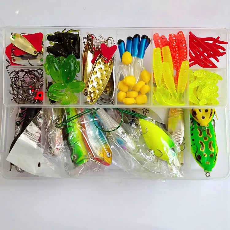 142-piece fishing lure suit showing hard plastic mino baits, metal spoons, sequins, hooks, and stainless steel fishing pliers