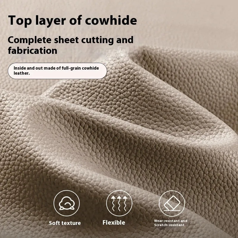 Self-closing first layer cowhide long wallet in solid colour with genuine leather finish