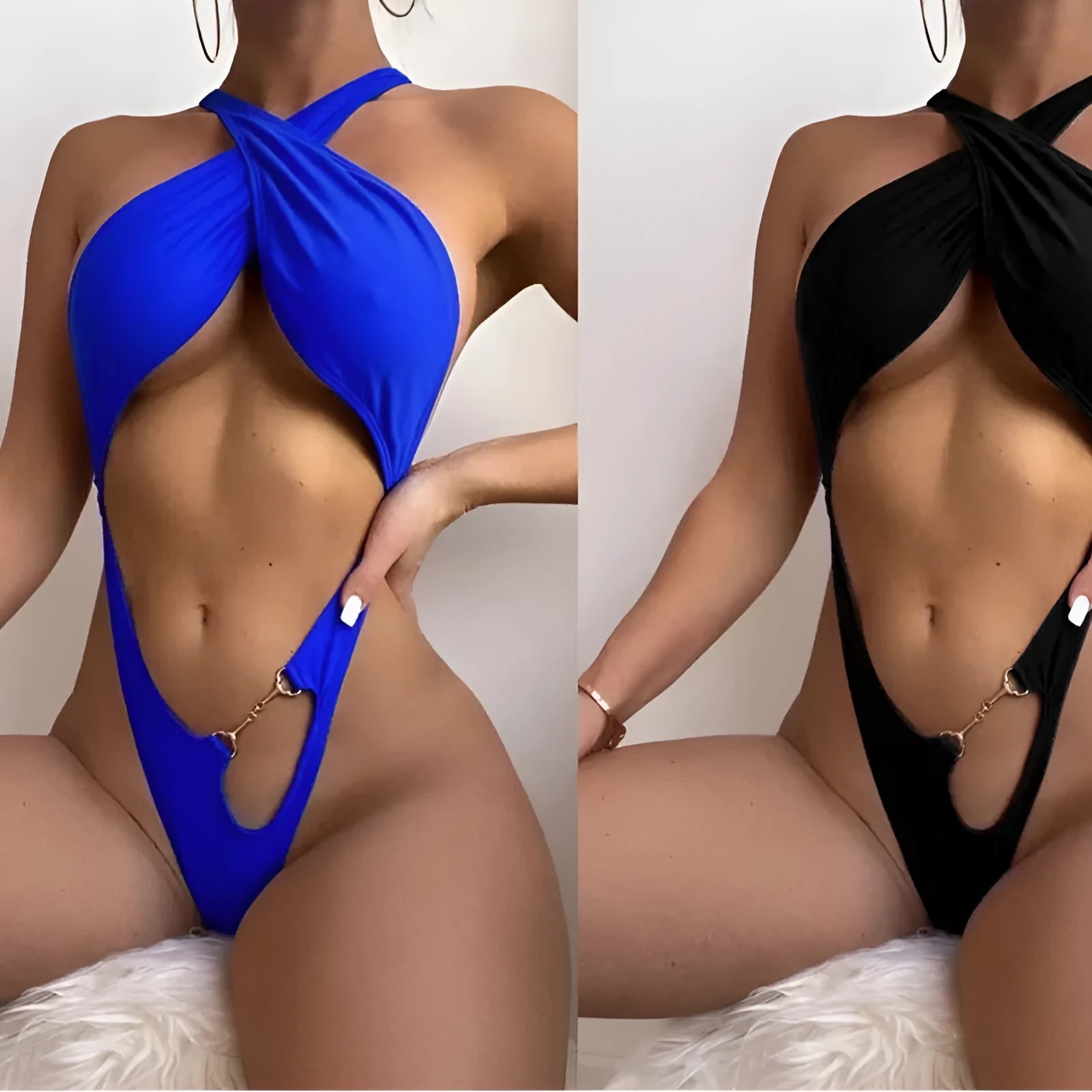 Women's solid colour one-piece swimsuit in blue or black polyester fabric