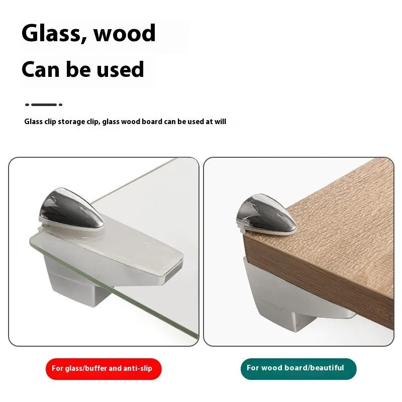 Electroplated metal adjustable clip holder for glass partitions and display panels.