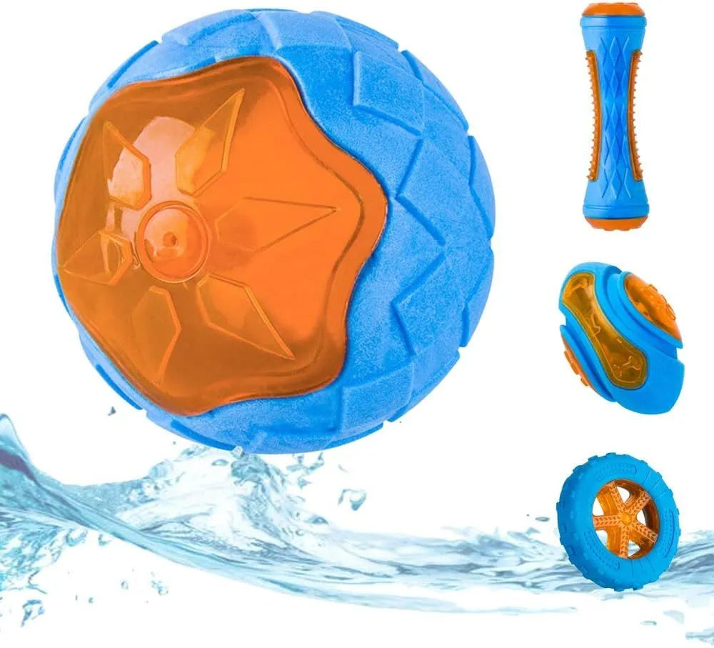 Set of three TPR dog toys: a squeaky ball, barbell, and tyre with bumpy texture for fetch and water play.