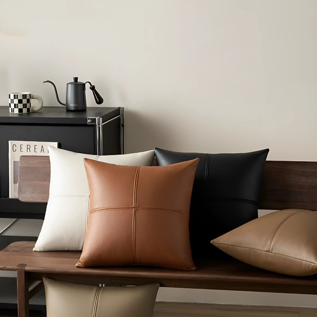 Solid colour soft cowhide leather pillow cover in Nordic style on a sofa