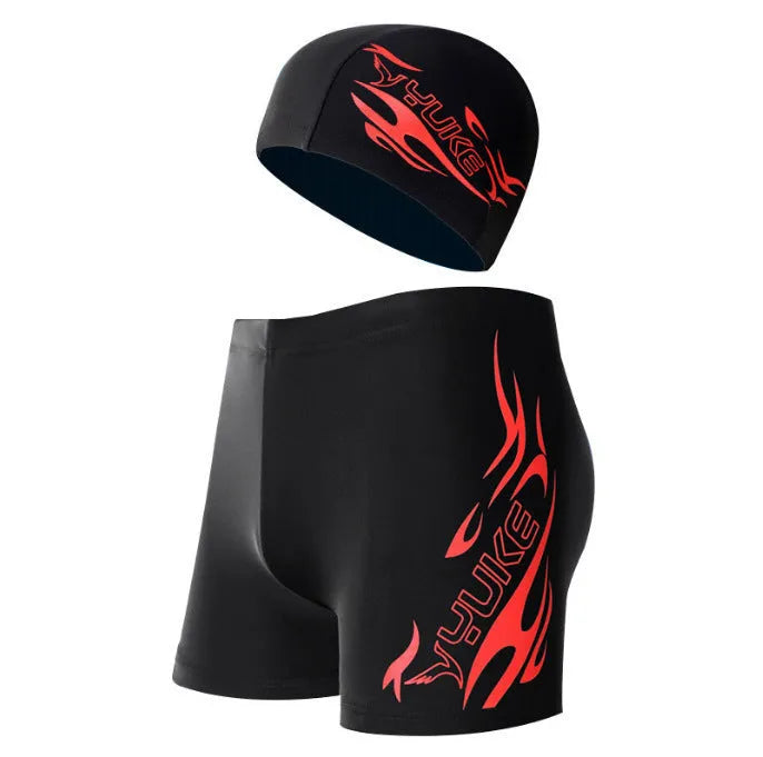 Men's plus size black swimming trunks with blue flame pattern and matching swimming cap.