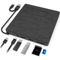 Black portable external optical drive with dual interface connections for laptop computers