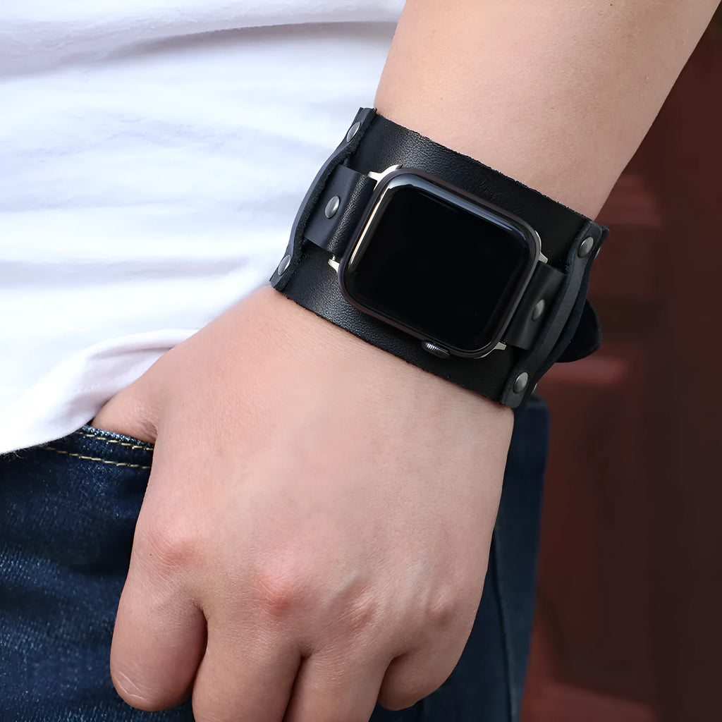 Genuine cowhide watch strap punk style black colour 38/40mm lug width on a dark background