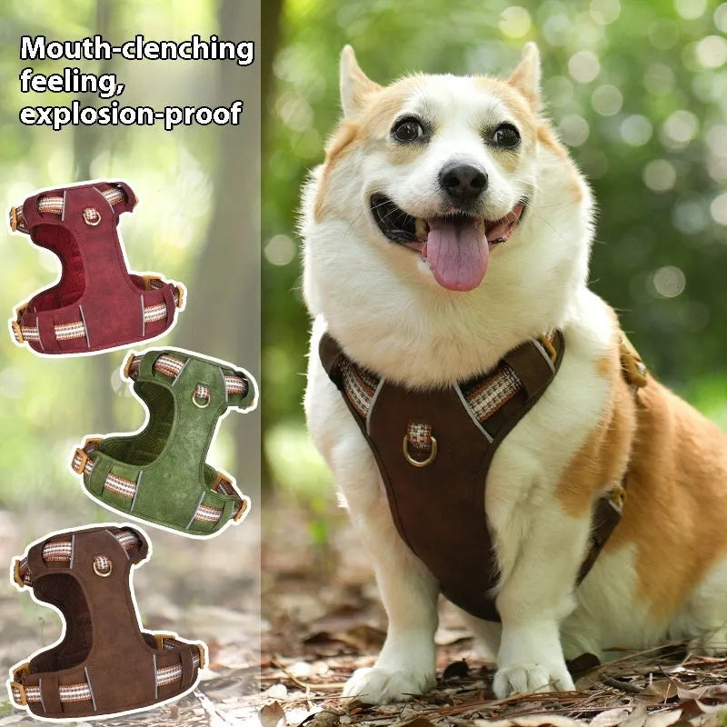 Brown explosion-proof reflective leather chest harness for a dog on a white background