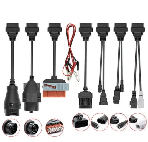 Set of eight auto wire car diagnostic cables for TCS tool on a light background