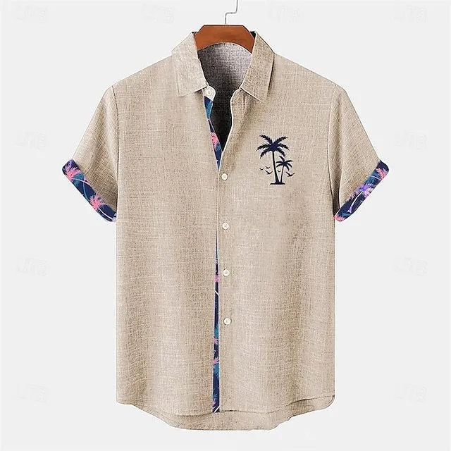 Linen loose-fit casual short-sleeve shirt with a blue ocean fish pattern, laid flat.