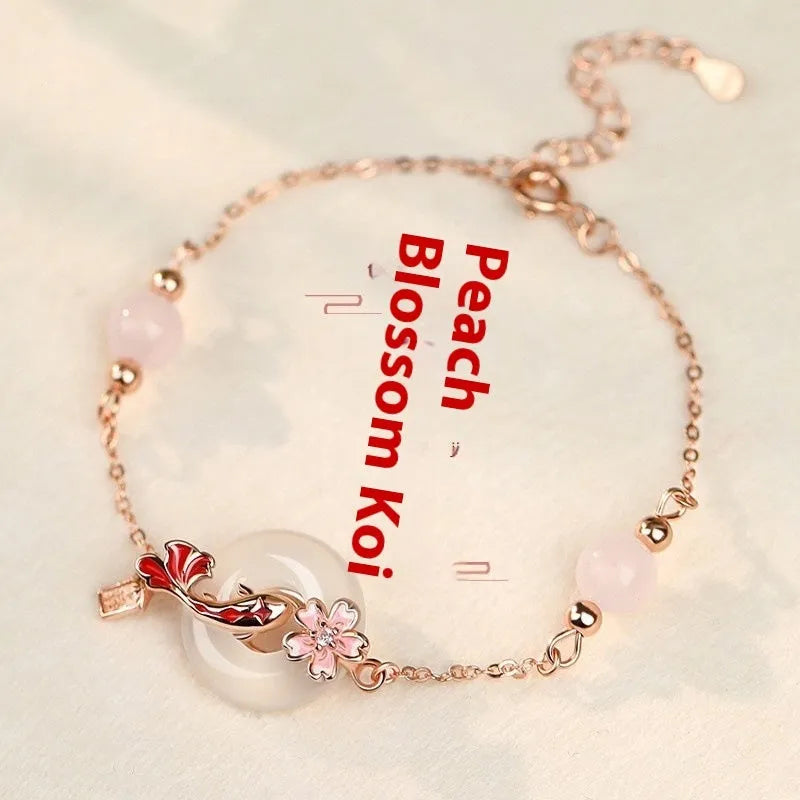 S925 sterling silver bracelet with Chinese flower design and white chalcedony crystals in Koi theme