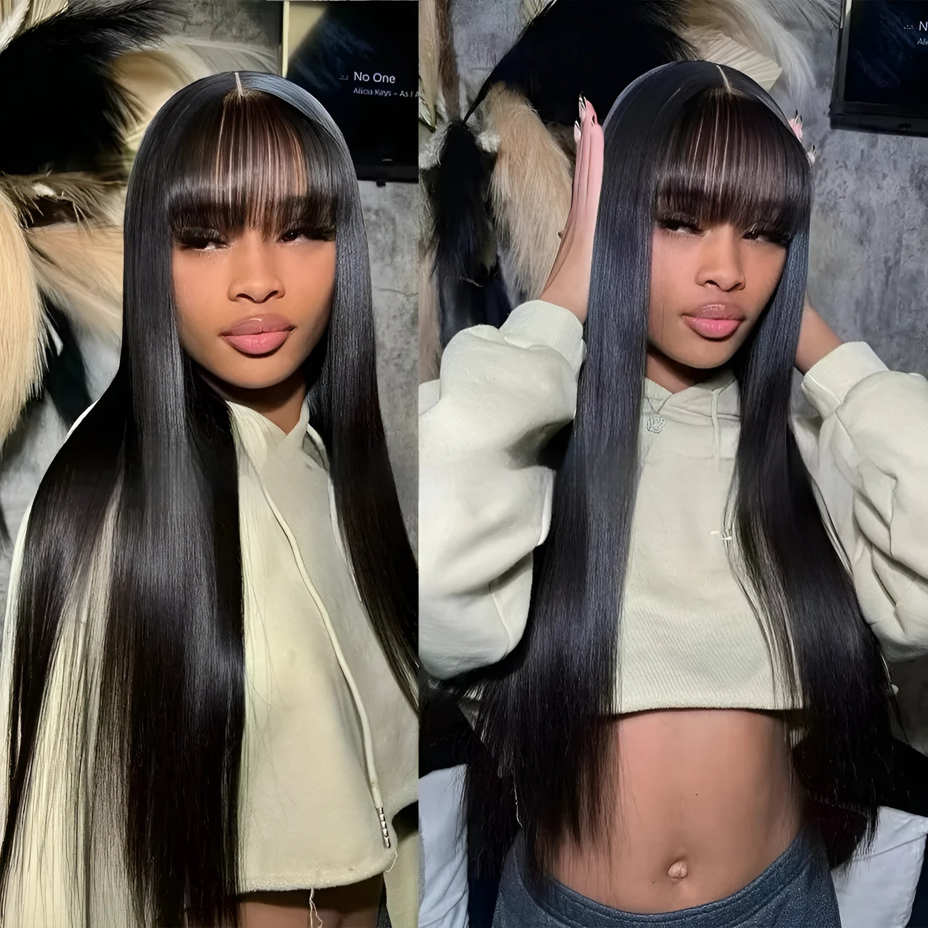 Natural colour full-mechanism human hair wig shown in a long style