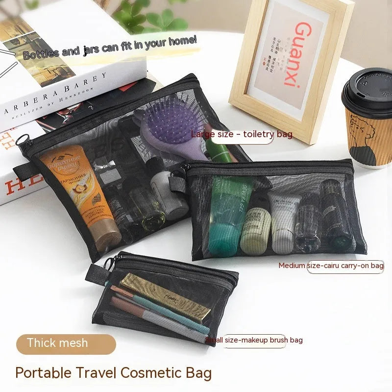Transparent mesh nylon gauze cosmetics storage bag with zipper closure, available in multiple sizes
