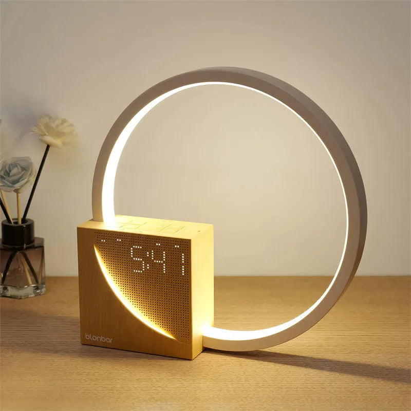 Navy blue wooden finish touch control bedside lamp with digital alarm clock display and natural sounds.
