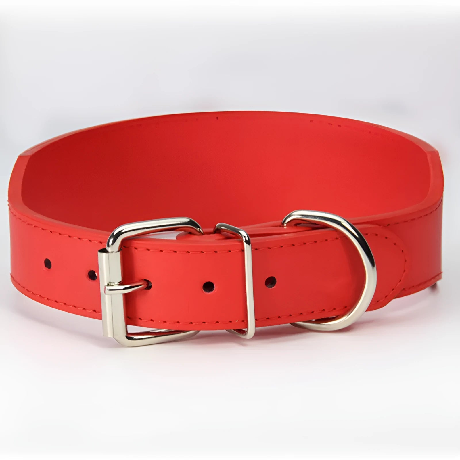 Fish-shaped wide leather dog collar with attached scarf for large breeds in assorted colours.
