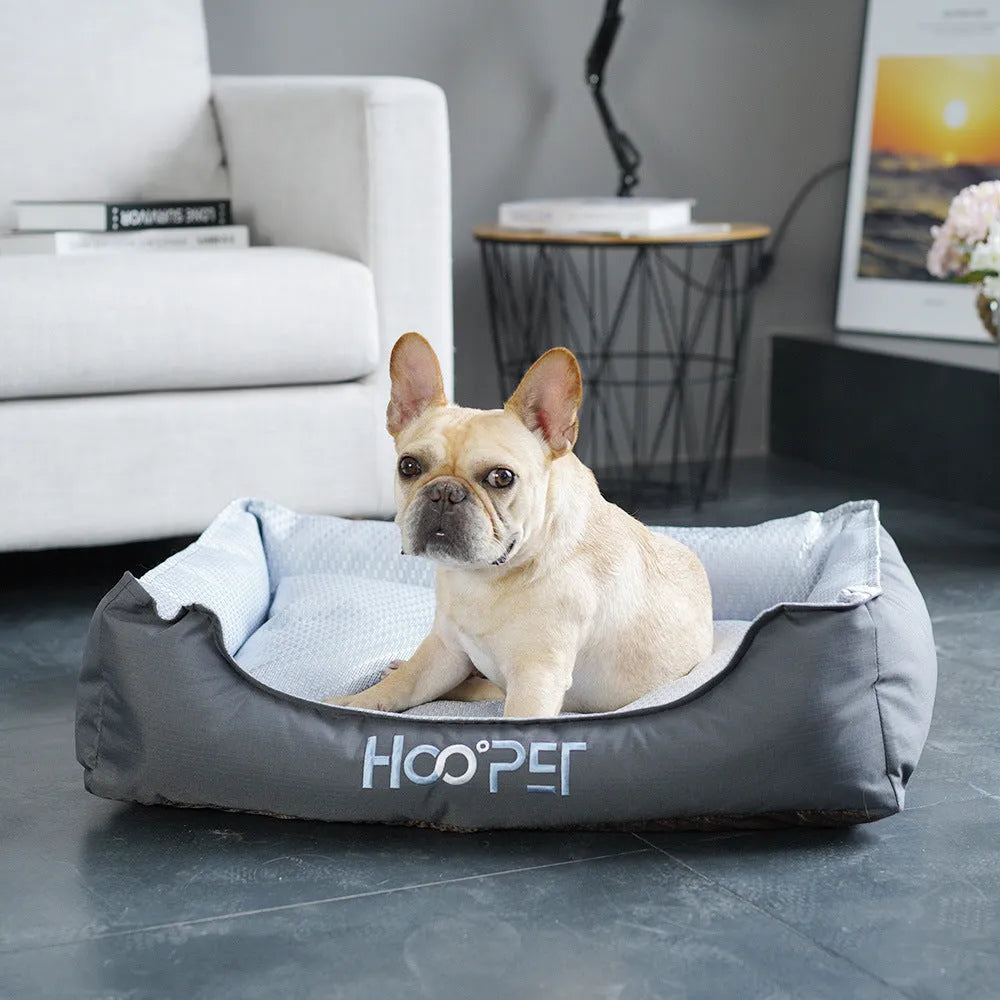 Soft dog bed with removable cover shown in three sizes for small to medium pets