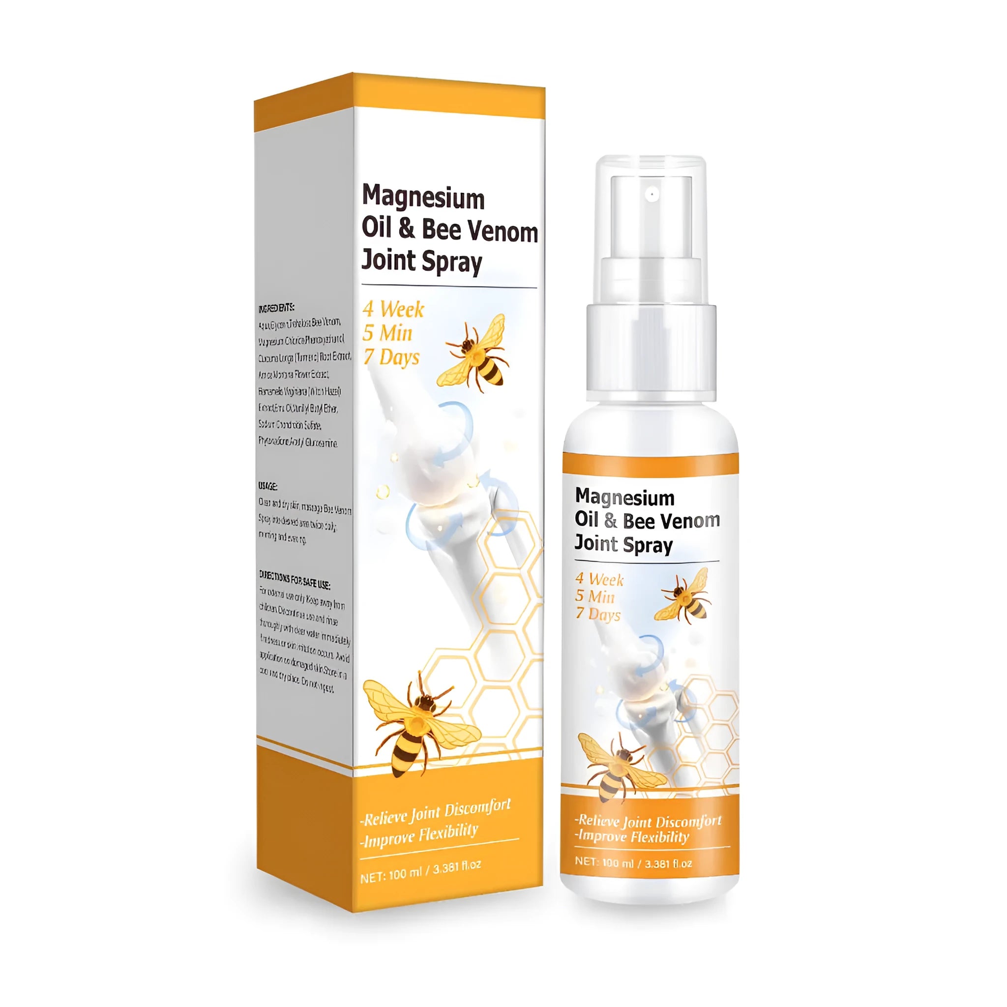 100ml bottle of Magnesium Oil Bee Joint Spray Gel with spray top, for topical muscle and joint care.
