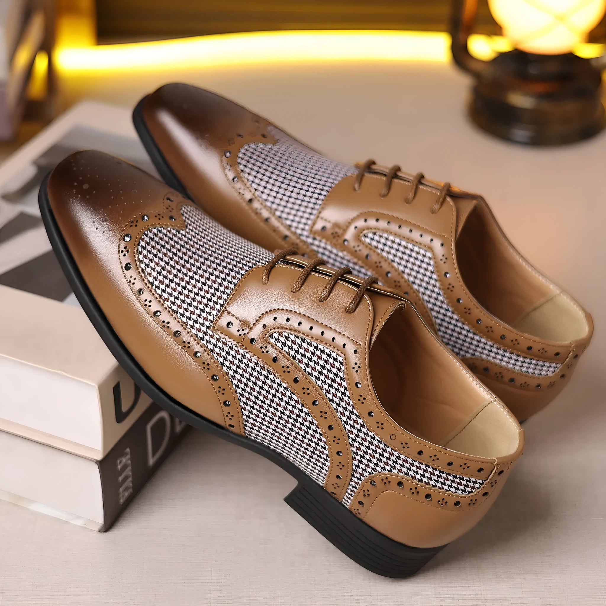 Men's black houndstooth pattern casual shoes with square toe and lace-up front.