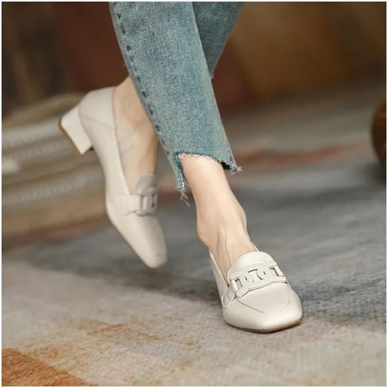 Women's British style chunky heel pumps square toe solid colour microfiber lining apricot beige black