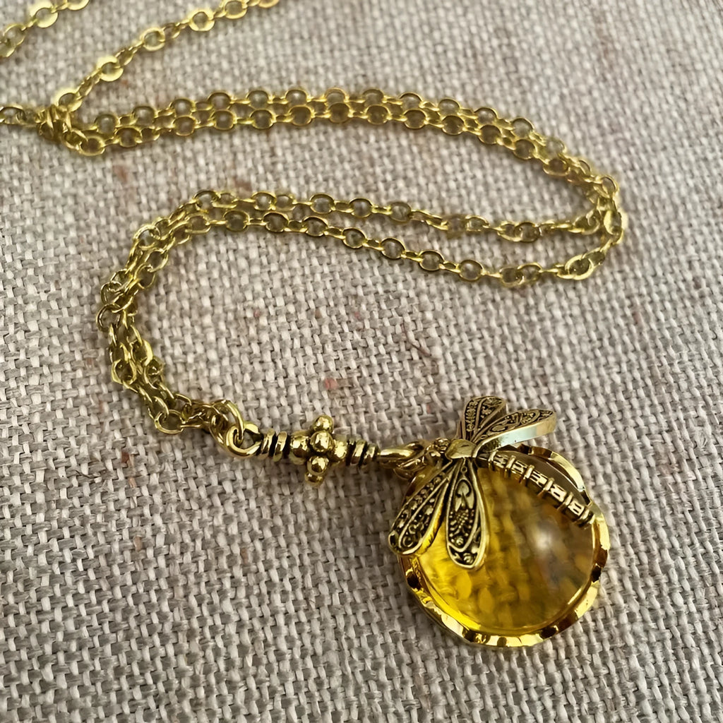 Vintage bronze dragonfly pendant necklace with hand-carved details on 925 silver chain