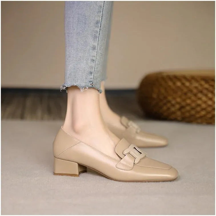 Women's British style chunky heel pumps square toe solid colour microfiber lining apricot beige black