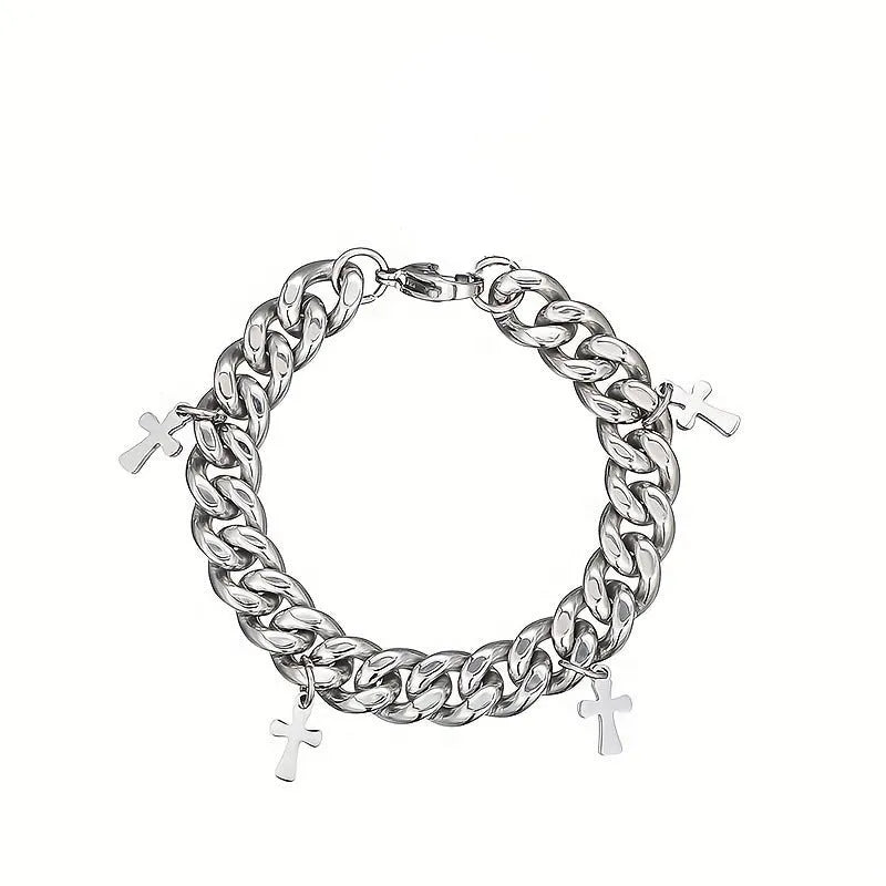 Men's titanium steel bracelet with a geometric cross design in a cold wind style.