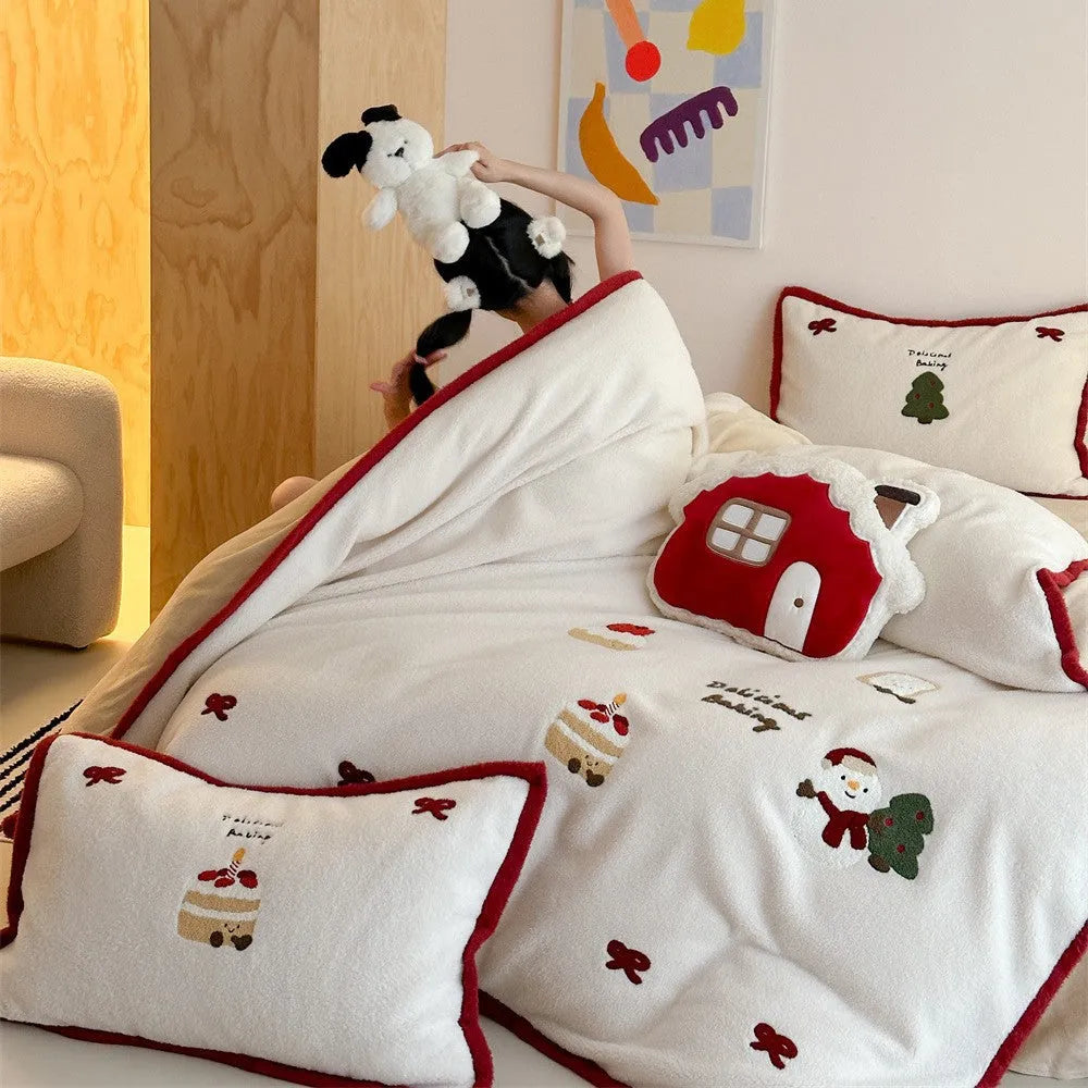 Winter Christmas cartoon bedding four-piece set with heart pattern on polyester fabric