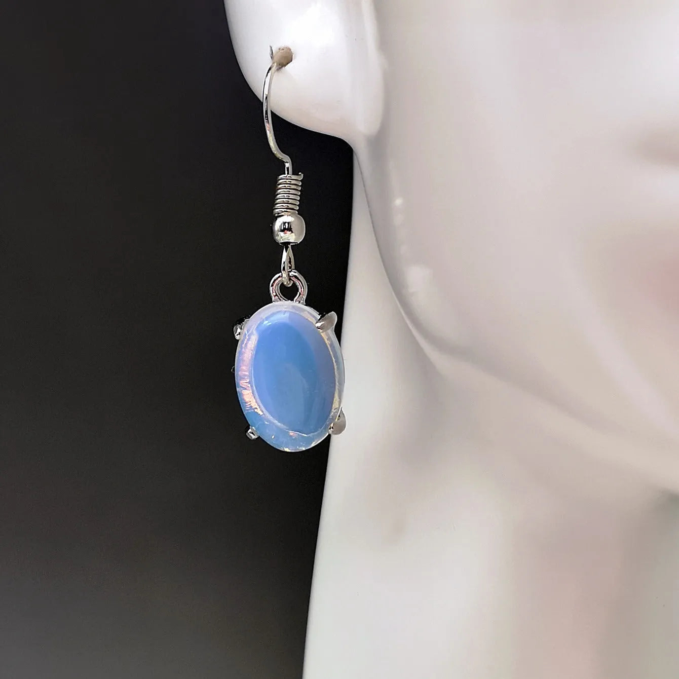 Moonlight white opal drop earrings with ellipse moonstone and retro cross design