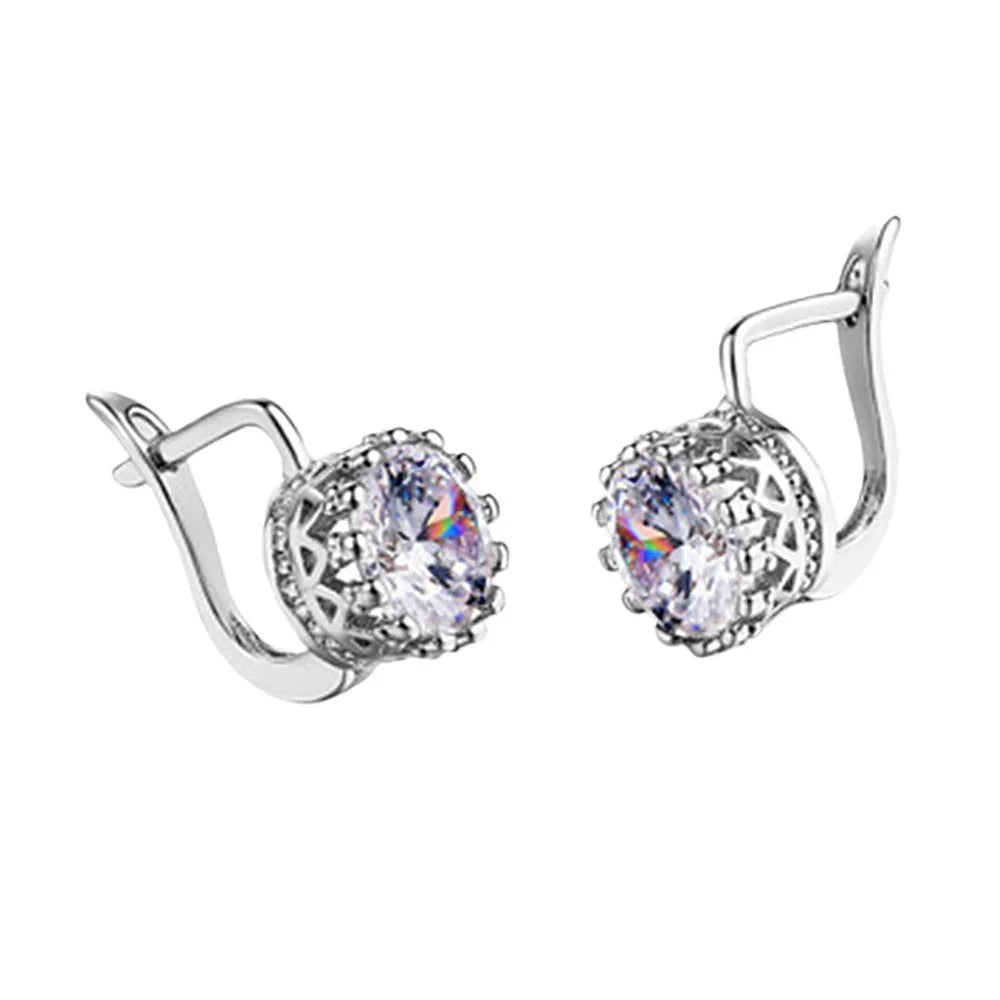 Korean retro crown clip-on earrings with white diamond detail in rose gold and white gold colour options