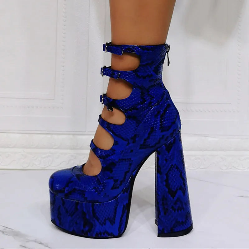 Women's black waterproof platform high heels with a thick heel, serpentine belt, and buckle fastening.