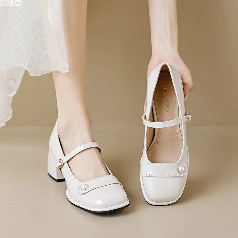 Apricot patent leather chunky heel pump with square toe and ankle buckle