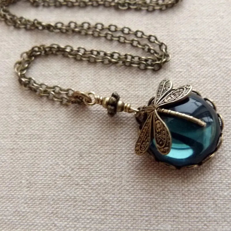 Vintage bronze dragonfly pendant necklace with hand-carved details on 925 silver chain
