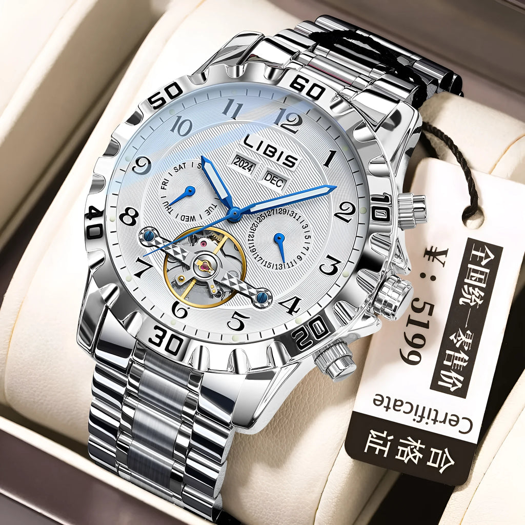 Men's silver stainless steel automatic perpetual calendar mechanical watch with a business-style dial.
