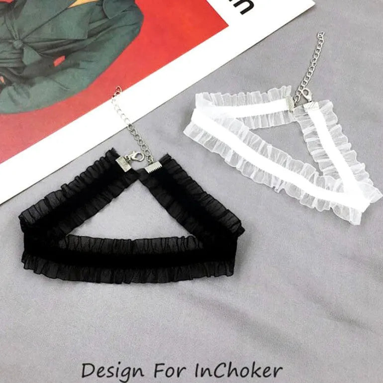 Black velvet ruffled clavicle necklace with flower pendant on snake bones chain