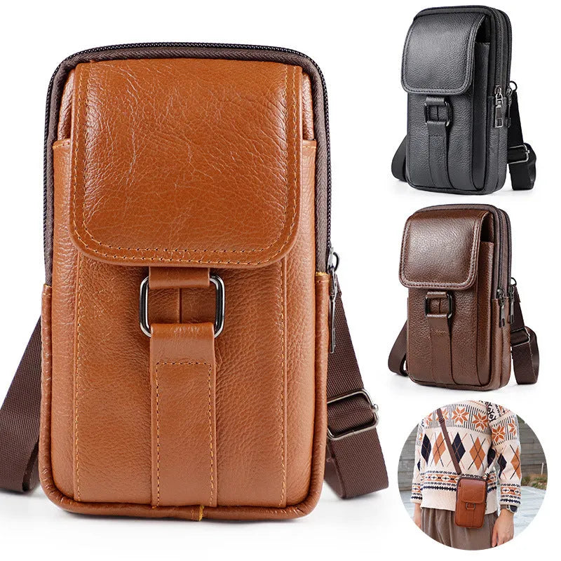 Man's black composite cowhide leather crossbody waist bag with a lock, shown in a vertical square shape.
