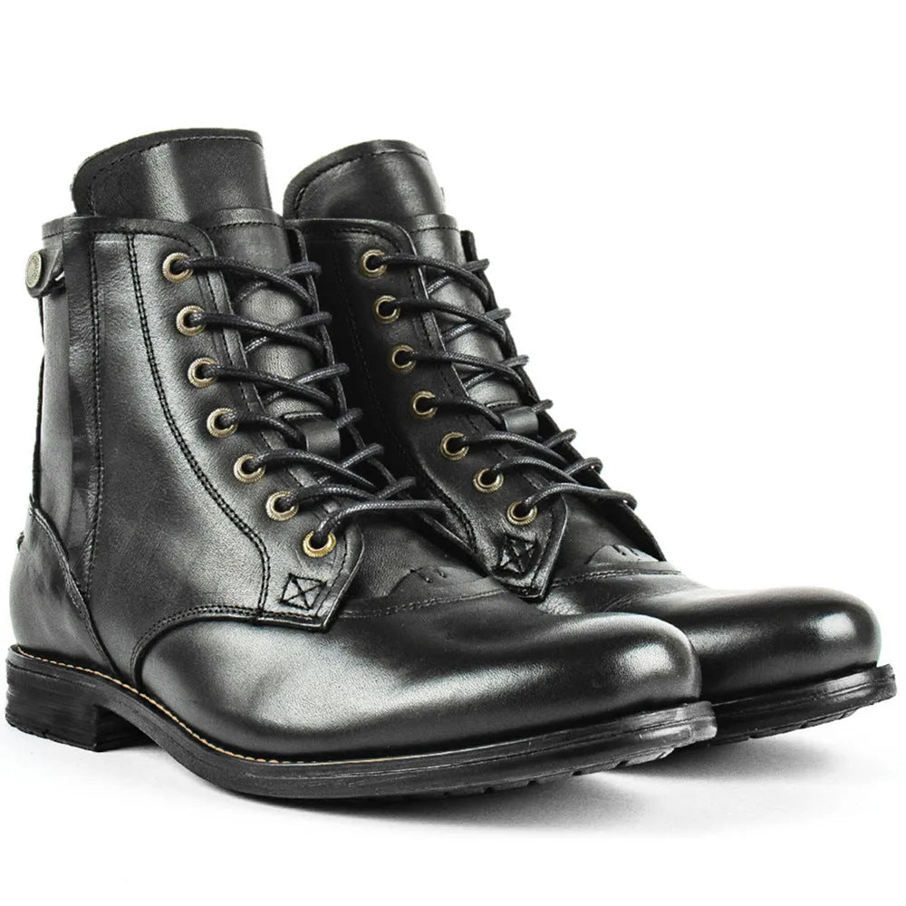 Knight Series black and brown men's leather ankle boots with side zipper and low heel.