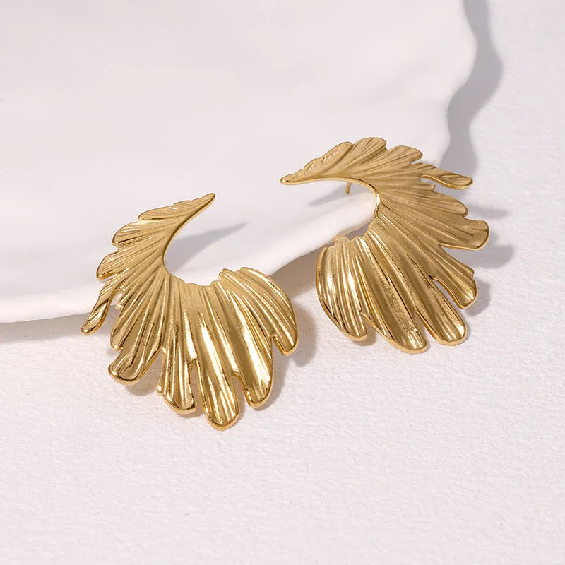 Stainless steel leaf-shaped stud earrings in gold and steel colour options