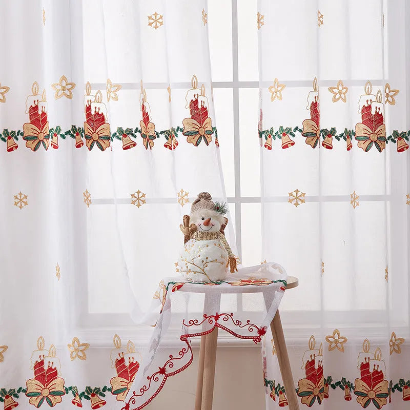 American Christmas curtain with embroidered snowflake design in red and white colour scheme